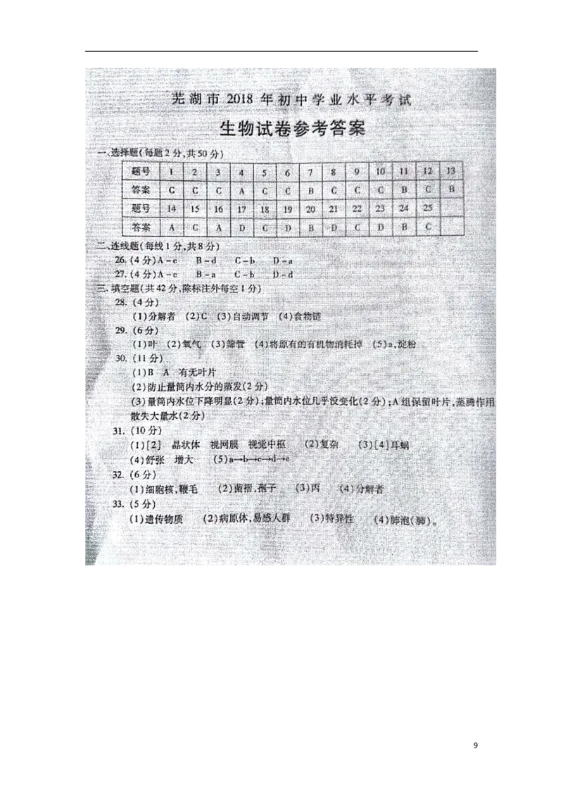 安徽省芜湖市2018年中考生物真题试题（含答案）_8.生物中考真题2015-2024年_2018年全国中考生物141份