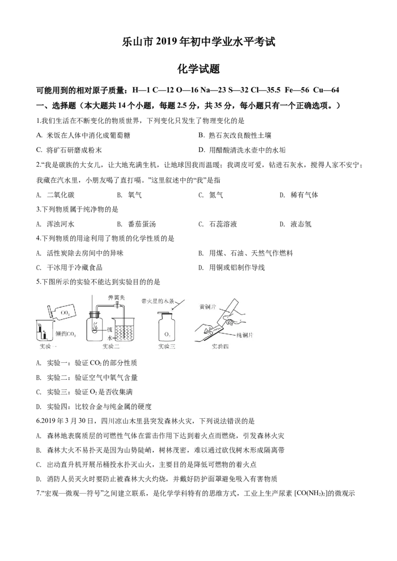 四川省乐山市2019年中考化学试题_中考真题_5.化学中考真题2015-2024年_地区卷_四川省_四川乐山化学18-21