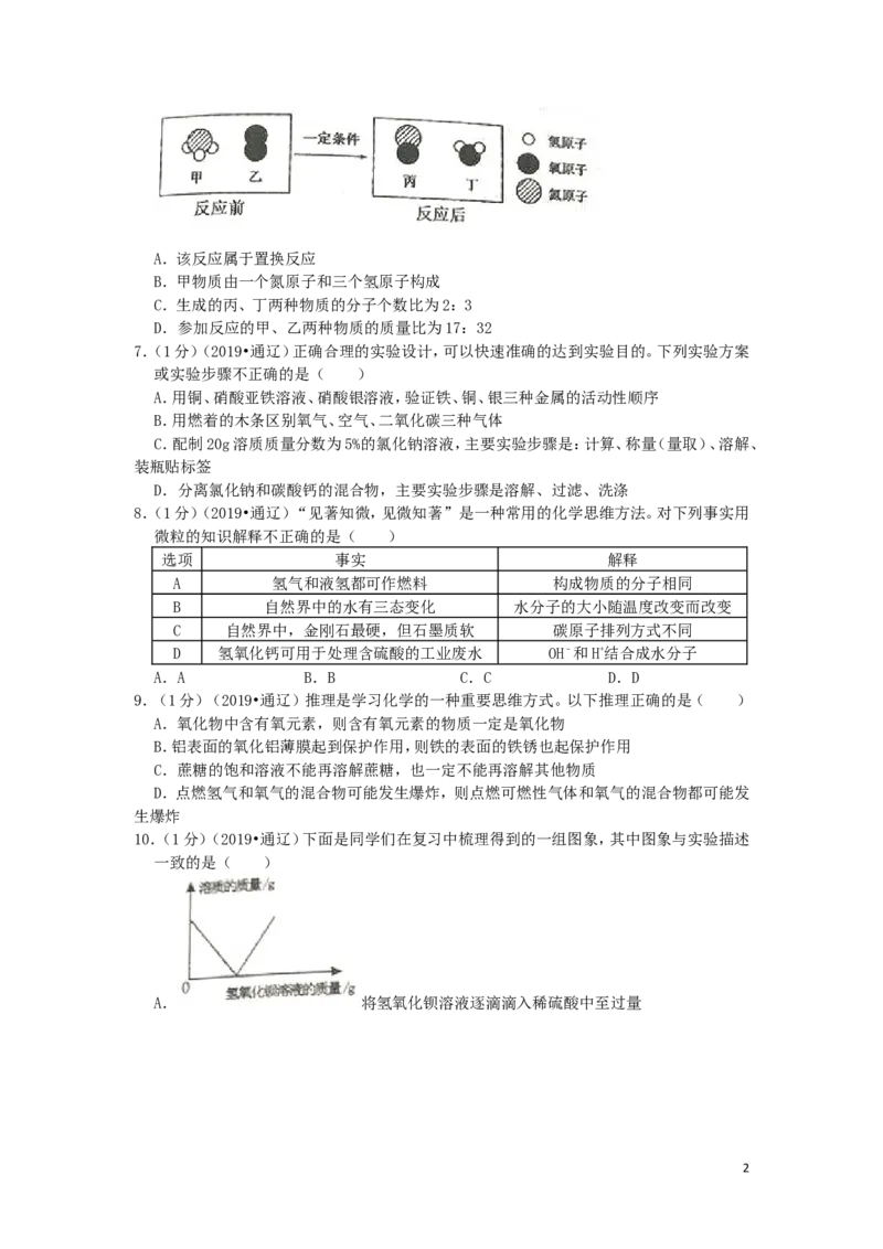内蒙古通辽市2019年中考化学真题试题（含解析）_中考真题_5.化学中考真题2015-2024年_2019中考真题卷（140份）