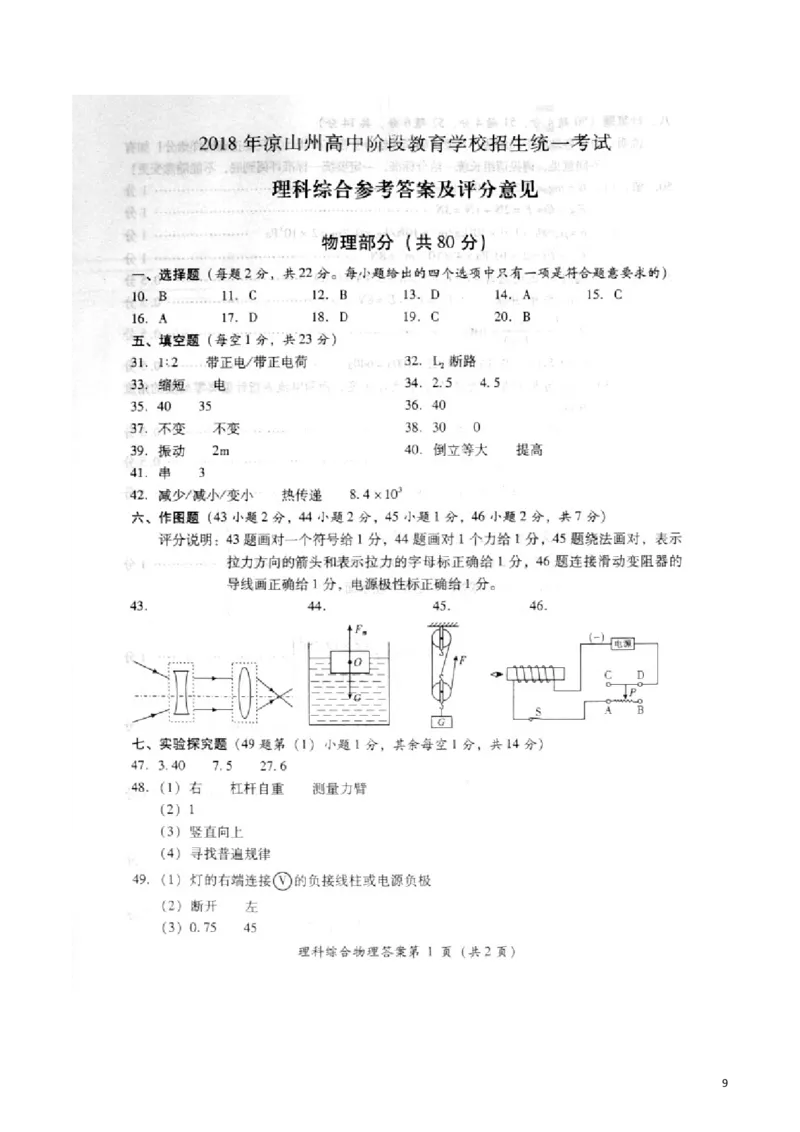 四川省凉山州2018年中考物理真题试题（含扫描答案）_中考真题_4.物理中考真题2015-2024年_2018年中考物理真题223份