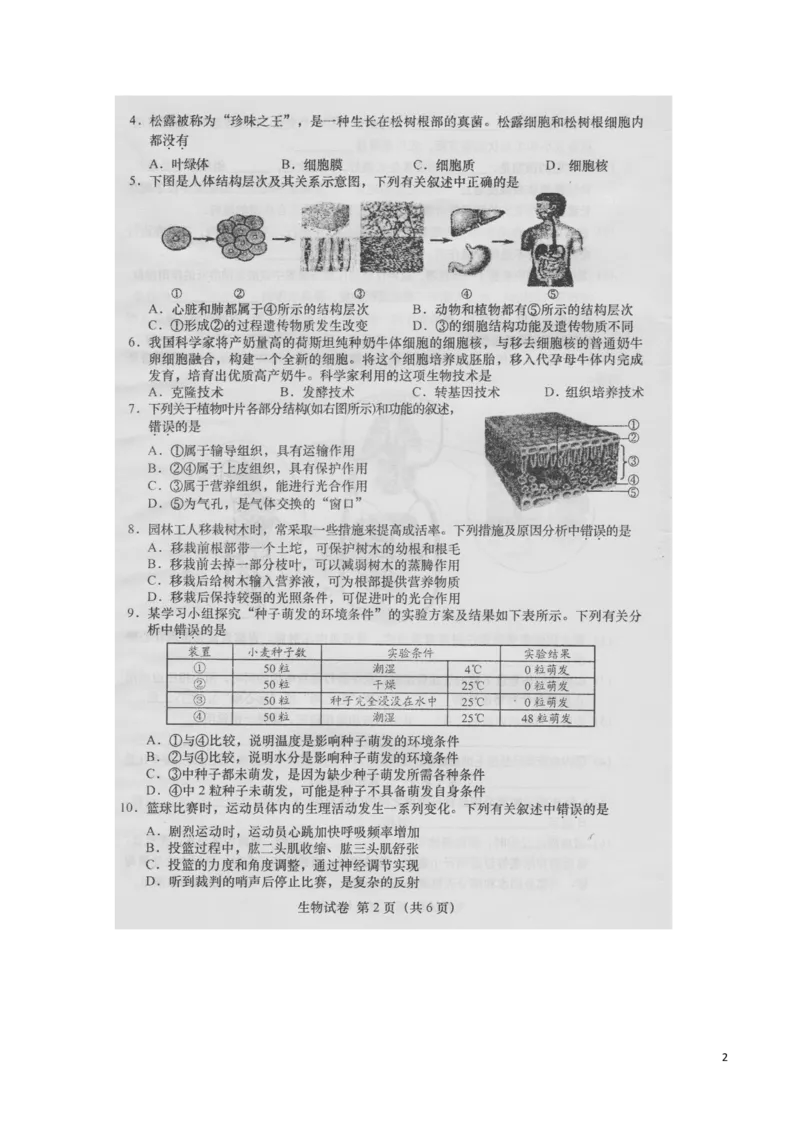 安徽省桐城市2016年中考生物真题试题（扫描版，含答案）_8.生物中考真题2015-2024年_2016年全国中考生物74份
