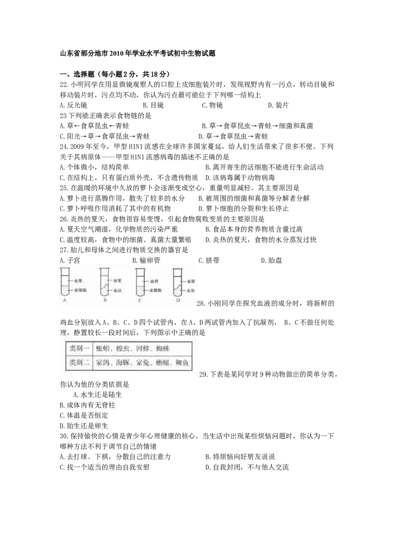 山东省临沂市2010年初中学业考试生物试题_8.生物中考真题2015-2024年_地区卷_山东省_临沂生物08-22_临沂生物