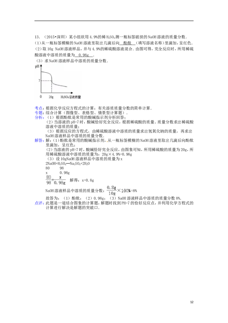 广东省深圳市2015年中考化学真题试题（含解析）_中考真题_5.化学中考真题2015-2024年_2015中考真题卷（162份）