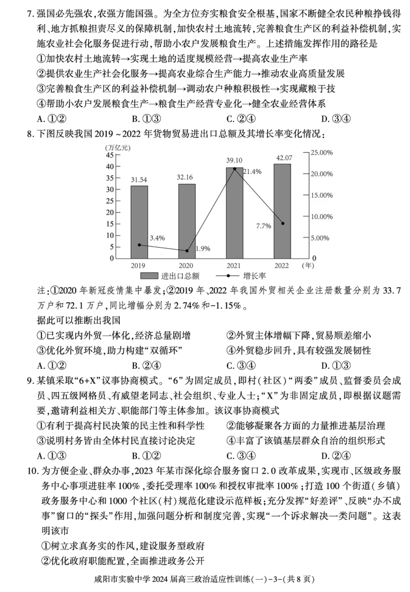 陕西省咸阳市实验中学2022-2023学年高三下学期适应训练（一）政治试题_2024年2月_01每日更新_21号_2024届陕西省咸阳市实验中学高三下学期适应训练（一）