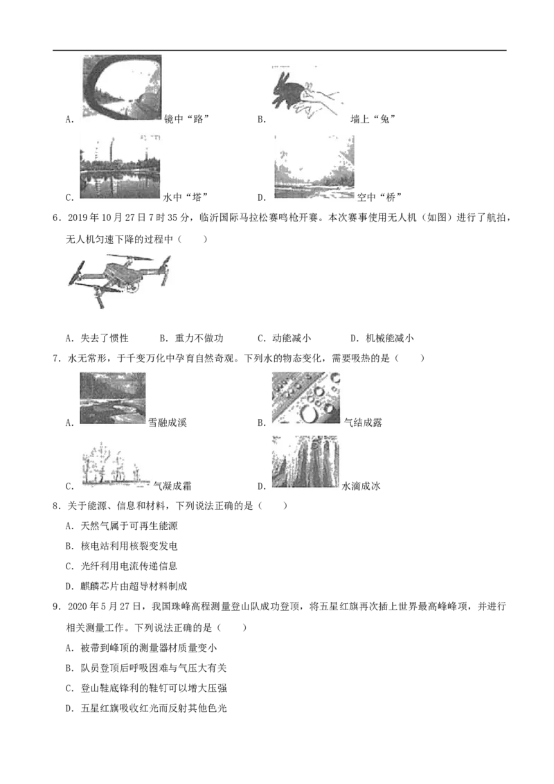山东省临沂市2020年中考物理试题（word版，含解析）_中考真题_4.物理中考真题2015-2024年_2020中考物理真题110份