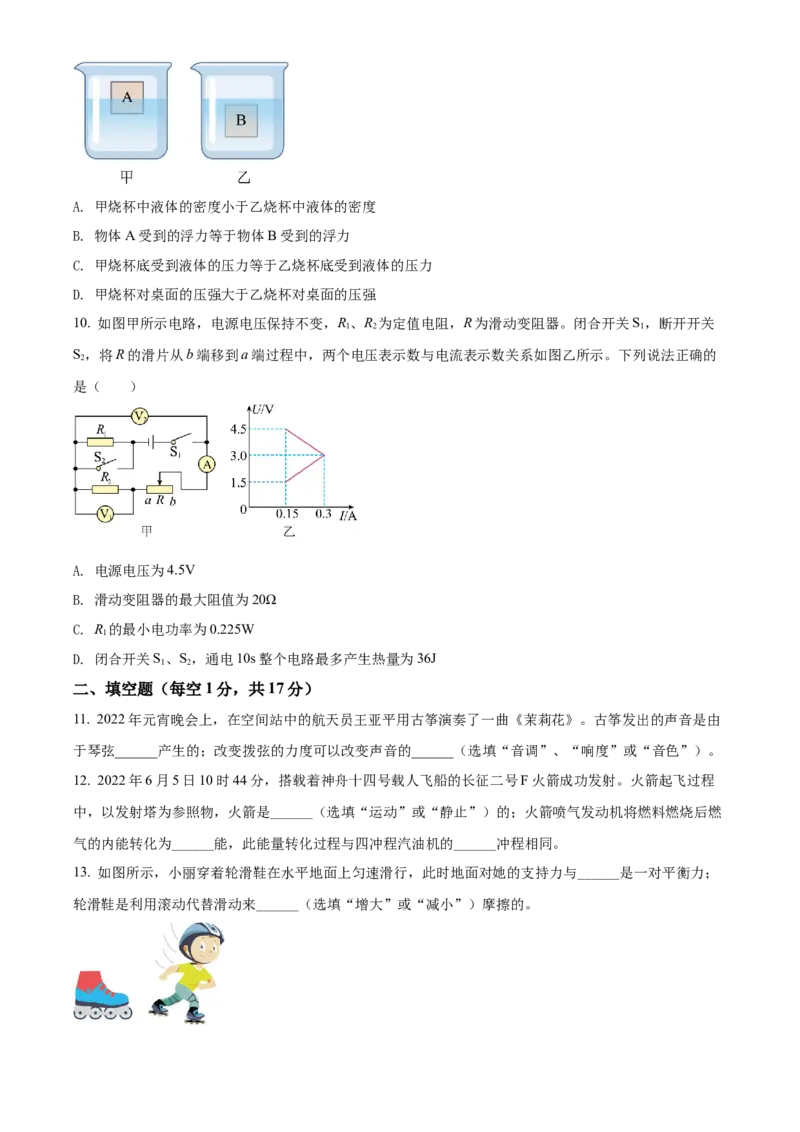 2022年辽宁省锦州市中考物理试题（原卷版）_中考真题_4.物理中考真题2015-2024年_地区卷_辽宁物理_辽宁物理_锦州物理14-22