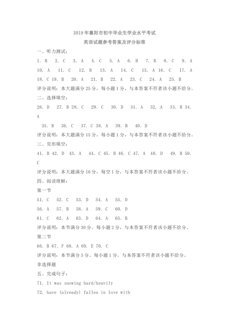 参考答案和听力材料_中考真题_3.英语中考真题2015-2024年_2019年全国中考YINGYU148份_2019年湖北省襄阳市中考英语试题（Word版，含答案，含听力MP3）