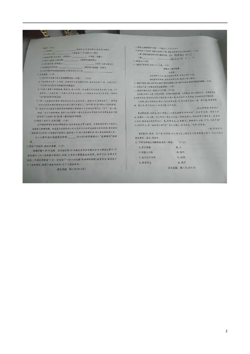 山东省滨州市2017年中考语文真题试题（扫描版，含答案）_中考真题_1.语文中考真题2015-2024年_2017年全国中考语文196份_2017年全国中考YuWen196份