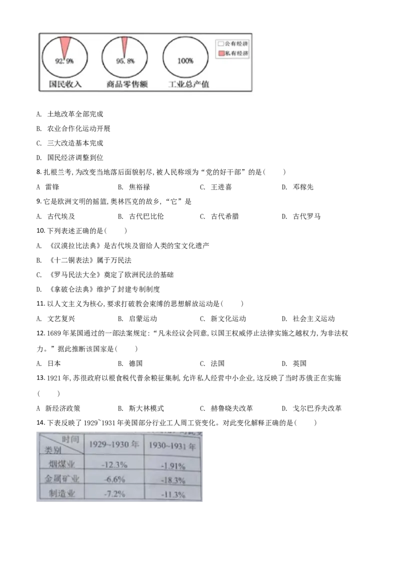 湖南省湘潭市2021年中考历史试题（原卷版）_6.历史中考真题2015-2024年_2021中考历史真题102份_​2021湘潭历史​