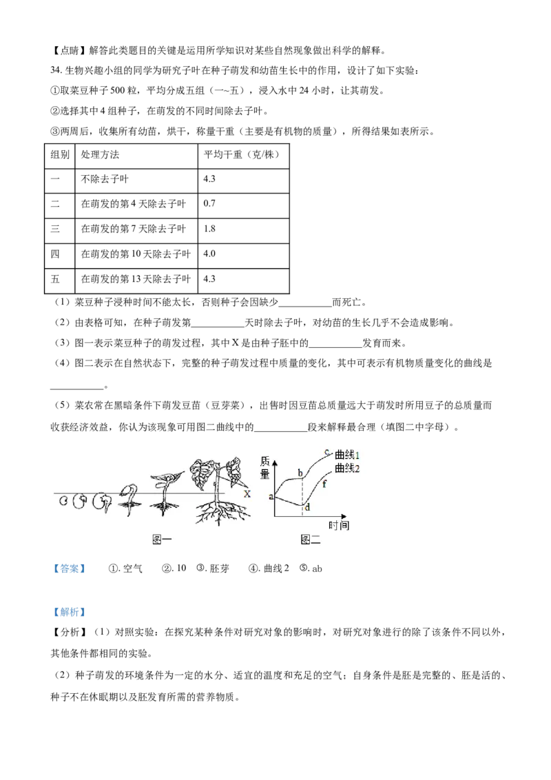 湖南省湘潭市2021年中考生物试题（解析版）_8.生物中考真题2015-2024年_地区卷_湖南省_湖南湘潭生物18-22