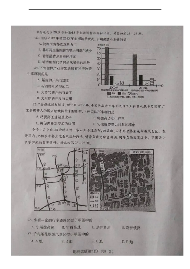 山东省烟台市2015年中考地理真题试题（扫描版，无答案）_9.地理中考真题2015-2024年_2015年全国中考地理113份