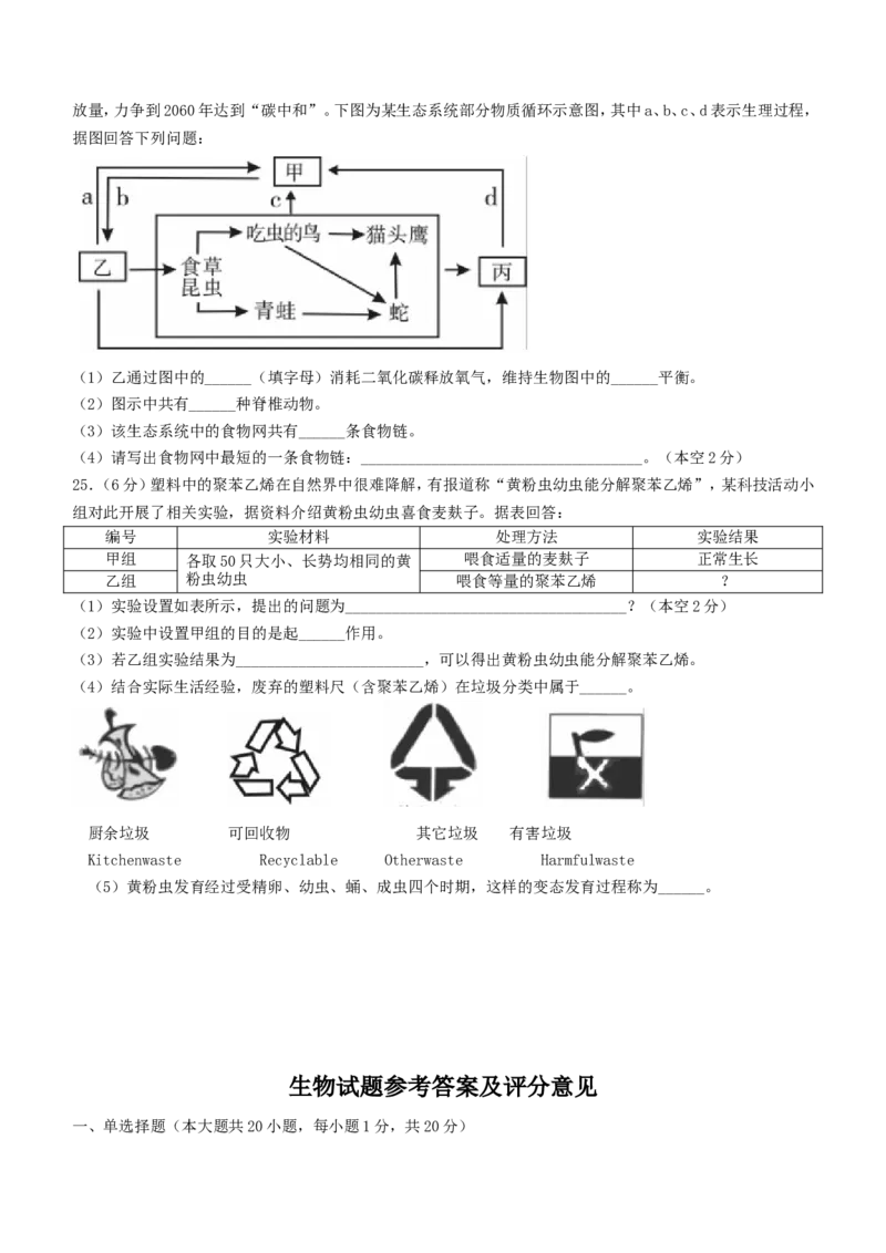 江西省2021中考生物试题及答案_8.生物中考真题2015-2024年_地区卷_江西生物-全省统一卷12-22
