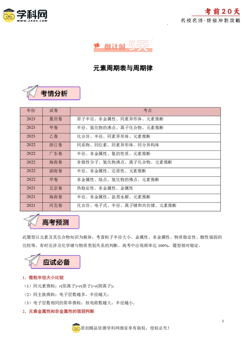 化学（四）-2024年高考考前20天终极冲刺攻略_2024高考押题卷_62024学科网全系列_20学科网高考考前终极攻略_化学-2024年高考考前20天终极冲刺攻略