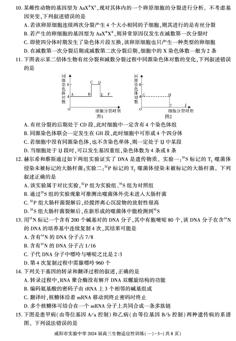 陕西省咸阳市实验中学2022-2023学年高三下学期适应训练（一）生物试题_2024年2月_01每日更新_21号_2024届陕西省咸阳市实验中学高三下学期适应训练（一）