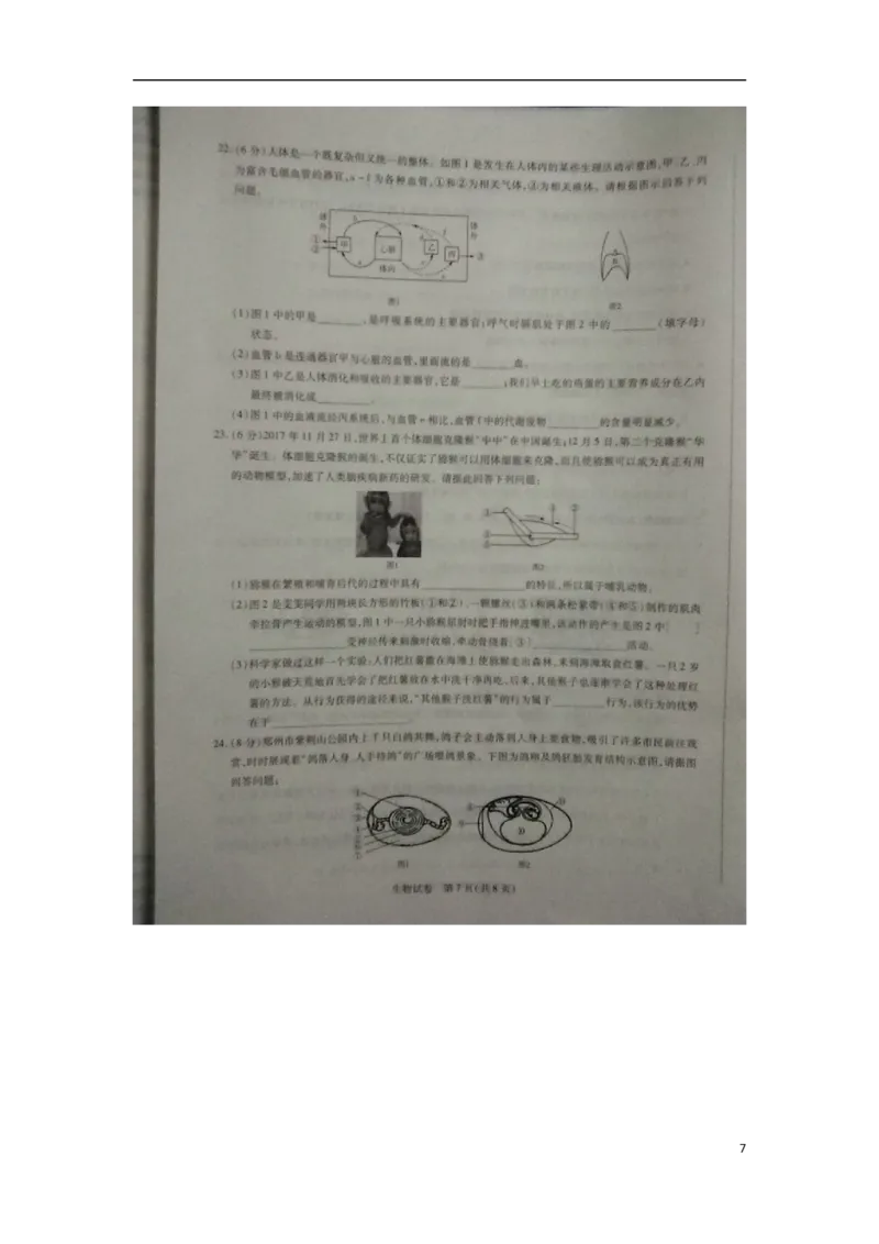 河南省新乡市2018年中考生物真题试题（扫描版，含答案）_8.生物中考真题2015-2024年_2018年全国中考生物141份