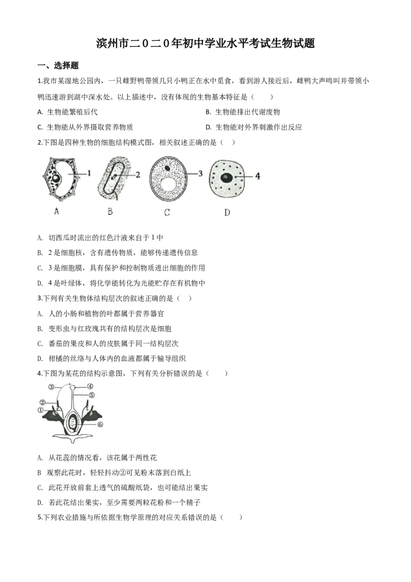 精品解析：山东省滨州市2020年中考生物试题（原卷版）_8.生物中考真题2015-2024年_2020生物真题74份_2020年中考真题精品解析生物（山东滨州卷）精编word版
