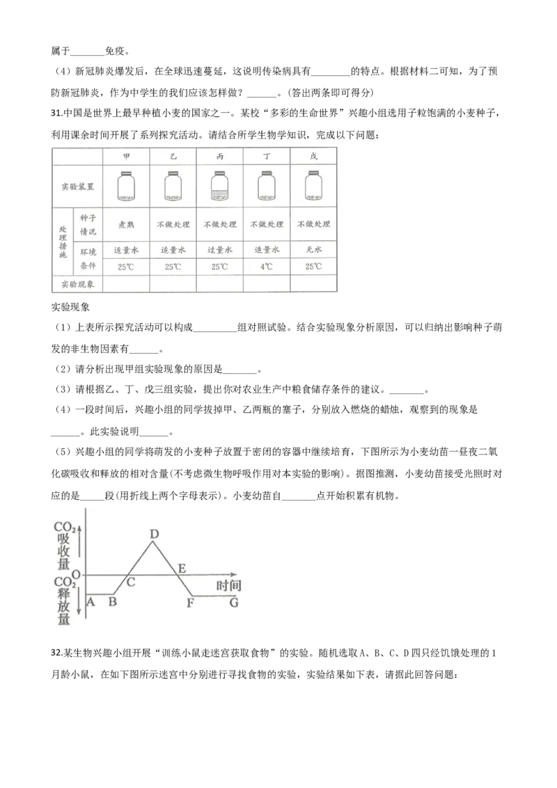 精品解析：山东省滨州市2020年中考生物试题（原卷版）_8.生物中考真题2015-2024年_2020生物真题74份_2020年中考真题精品解析生物（山东滨州卷）精编word版