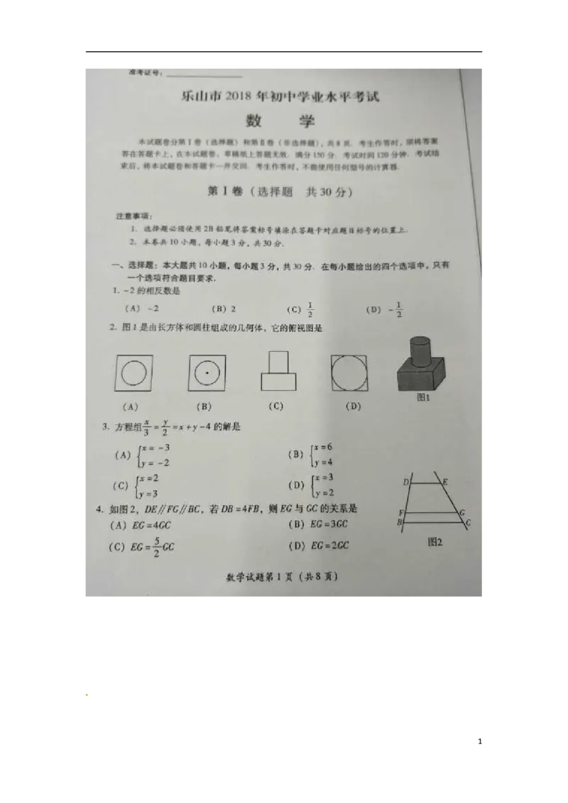 四川省乐山市2018年中考数学真题试题（扫描版，含答案）_中考真题_2.数学中考真题2015-2024年_2018年全国中考数学258份