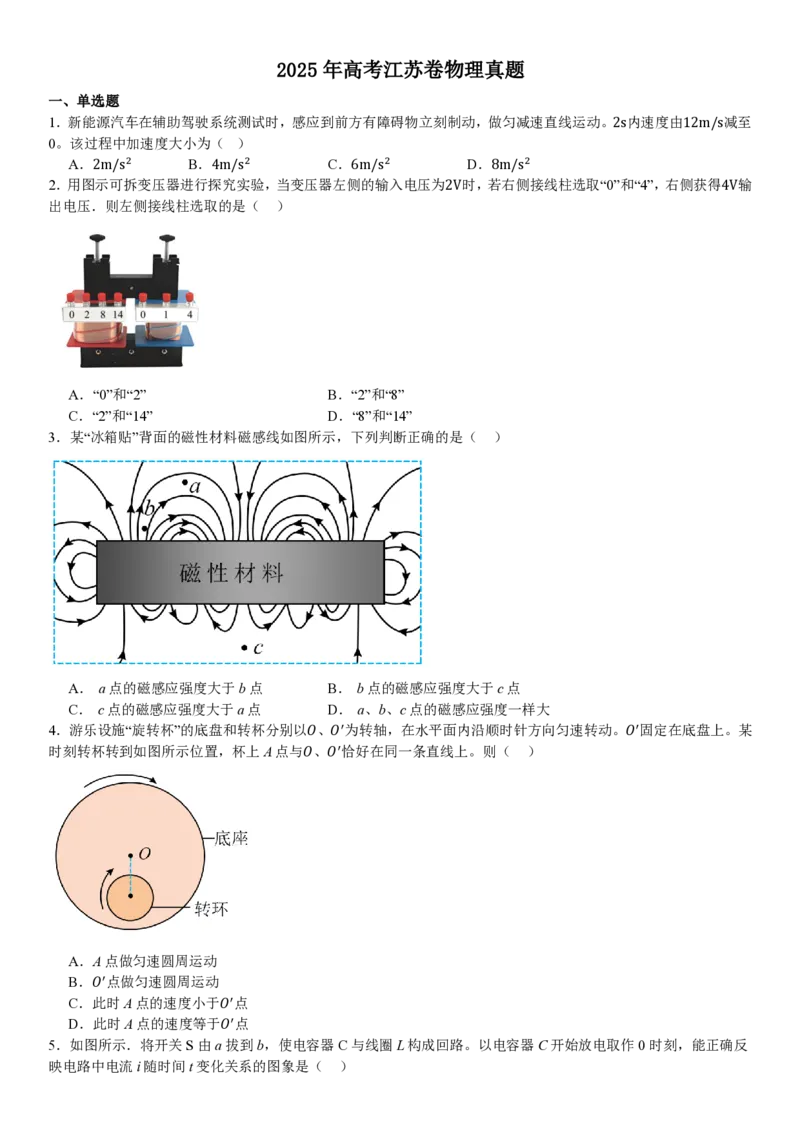 江苏物理-试题_1.高考2025全国各省真题+答案_00.2025各省市高考真题及答案（按省份分类）_5、江苏卷（9科全）_4.物理