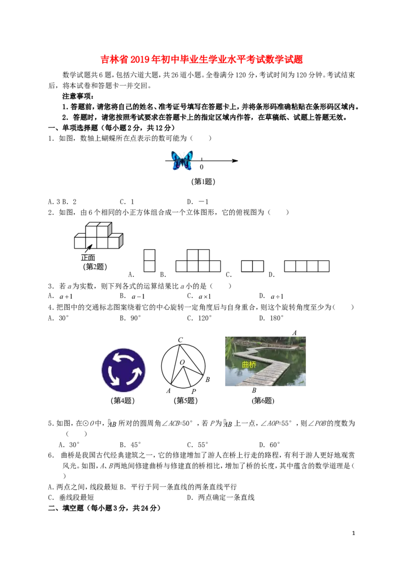 吉林省2019年中考数学真题试题_中考真题_2.数学中考真题2015-2024年_2019年全国中考数学206份