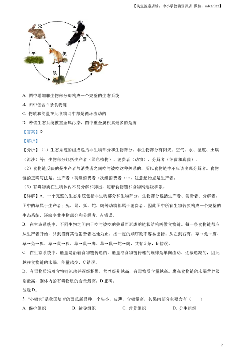 精品解析：2024年山东省聊城市中考生物试题（解析版）_8.生物中考真题2015-2024年_2024年中考生物真题_精品解析：2024年山东省聊城市中考生物试题