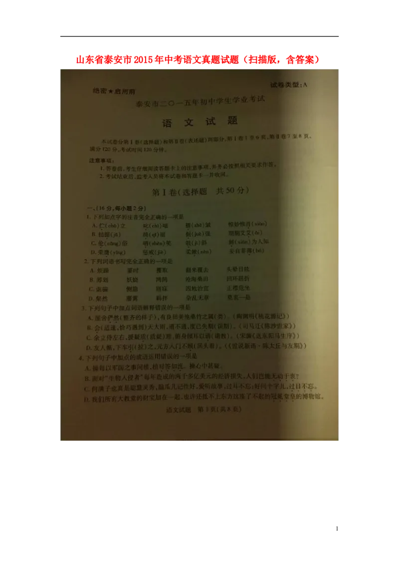 山东省泰安市2015年中考语文真题试题（扫描版，含答案）_中考真题_1.语文中考真题2015-2024年_2015年全国中考语文154份_2015年全国中考154份