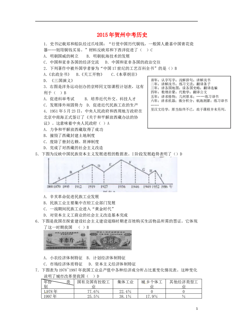 广西贺州市2015年中考历史真题试题（含答案）_6.历史中考真题2015-2024年_2015年全国中考历史99份