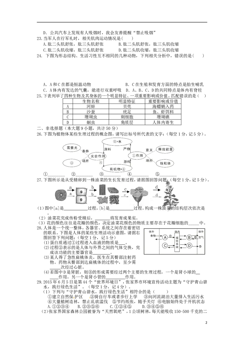 湖南省张家界市2015年中考生物真题试题（含答案）_8.生物中考真题2015-2024年_2015年全国中考生物74份
