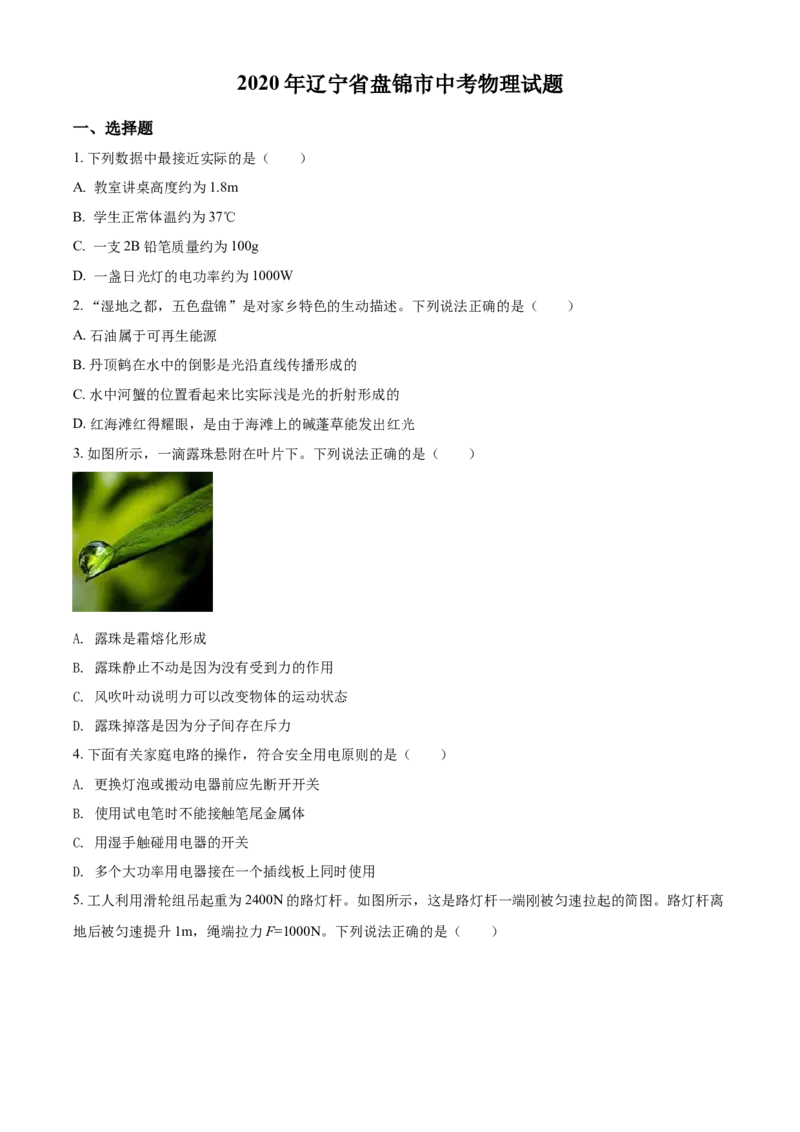 2020年辽宁省盘锦市中考物理试题（空白卷）_中考真题_4.物理中考真题2015-2024年_地区卷_辽宁物理_辽宁物理_盘锦物理15-22