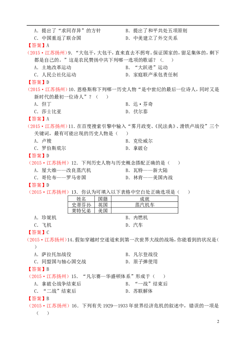 江苏省扬州市2015年中考历史真题试题（含答案）_6.历史中考真题2015-2024年_2015年全国中考历史99份