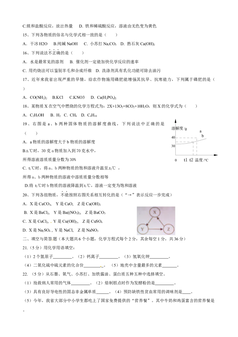 云南省2012年中考化学试卷(文字版-含答案)_中考真题_5.化学中考真题2015-2024年_地区卷_云南中考化学2010--2022年（云南省统一试卷）