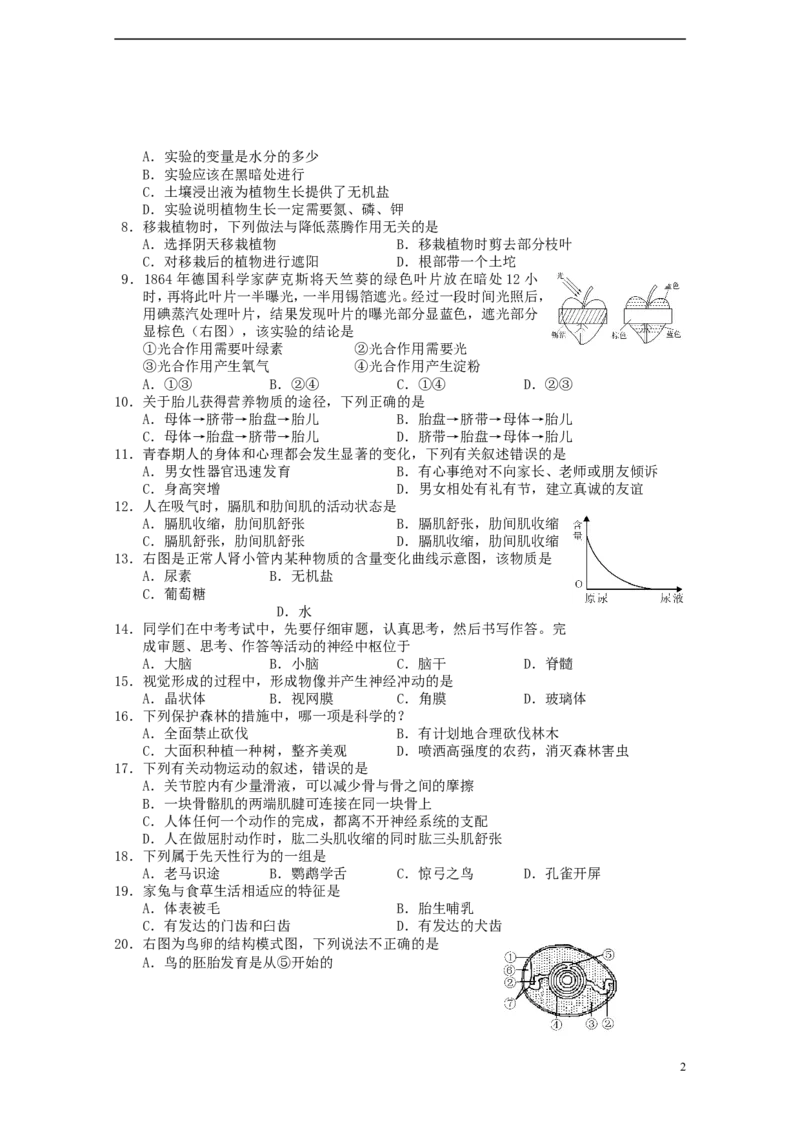 湖南省湘潭市2015年中考生物真题试题（含答案）_8.生物中考真题2015-2024年_2015年全国中考生物74份