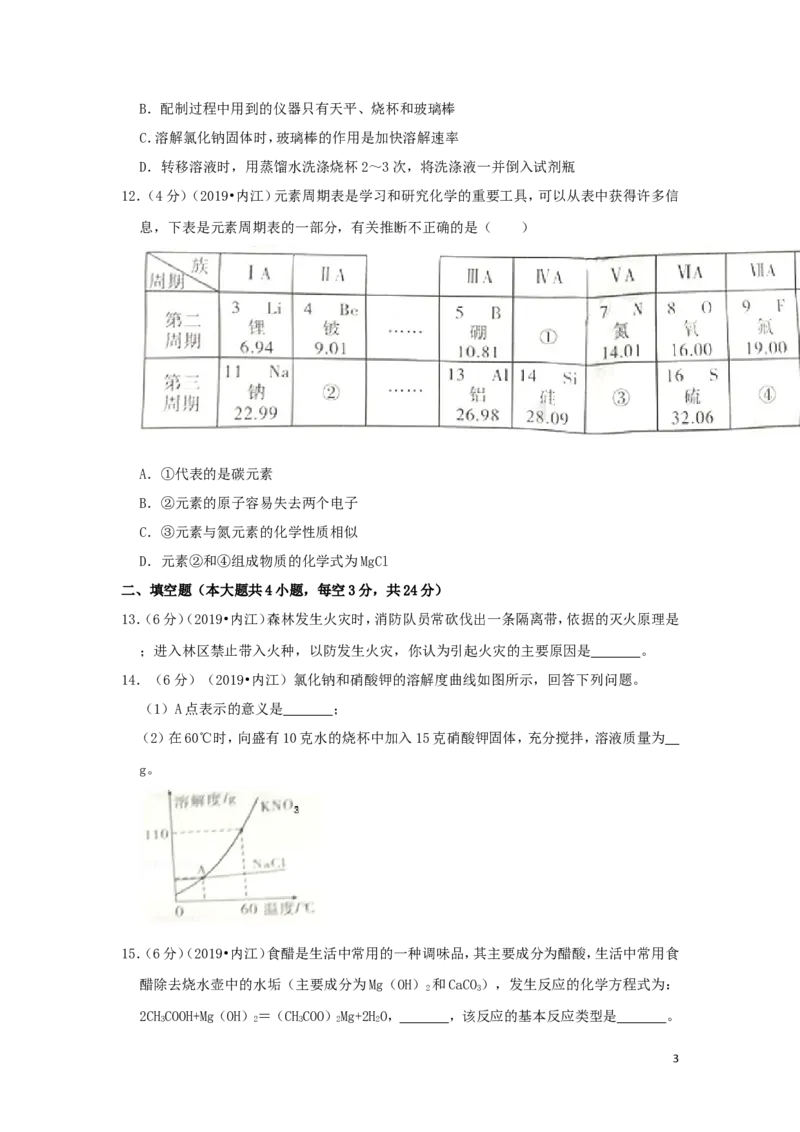 四川省内江市2019年中考化学真题试题（含解析）_中考真题_5.化学中考真题2015-2024年_2019中考真题卷（140份）