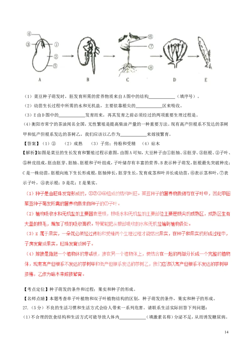 湖南省衡阳市2017年中考生物真题试题（含解析）_8.生物中考真题2015-2024年_2017年全国中考生物124份