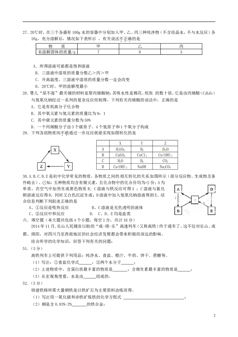 四川省乐山市2015年中考化学真题试题（含答案）_中考真题_5.化学中考真题2015-2024年_2015中考真题卷（162份）
