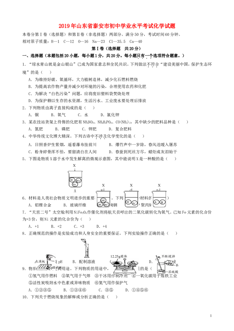 山东省泰安市2019年中考化学真题试题_中考真题_5.化学中考真题2015-2024年_2019中考真题卷（140份）