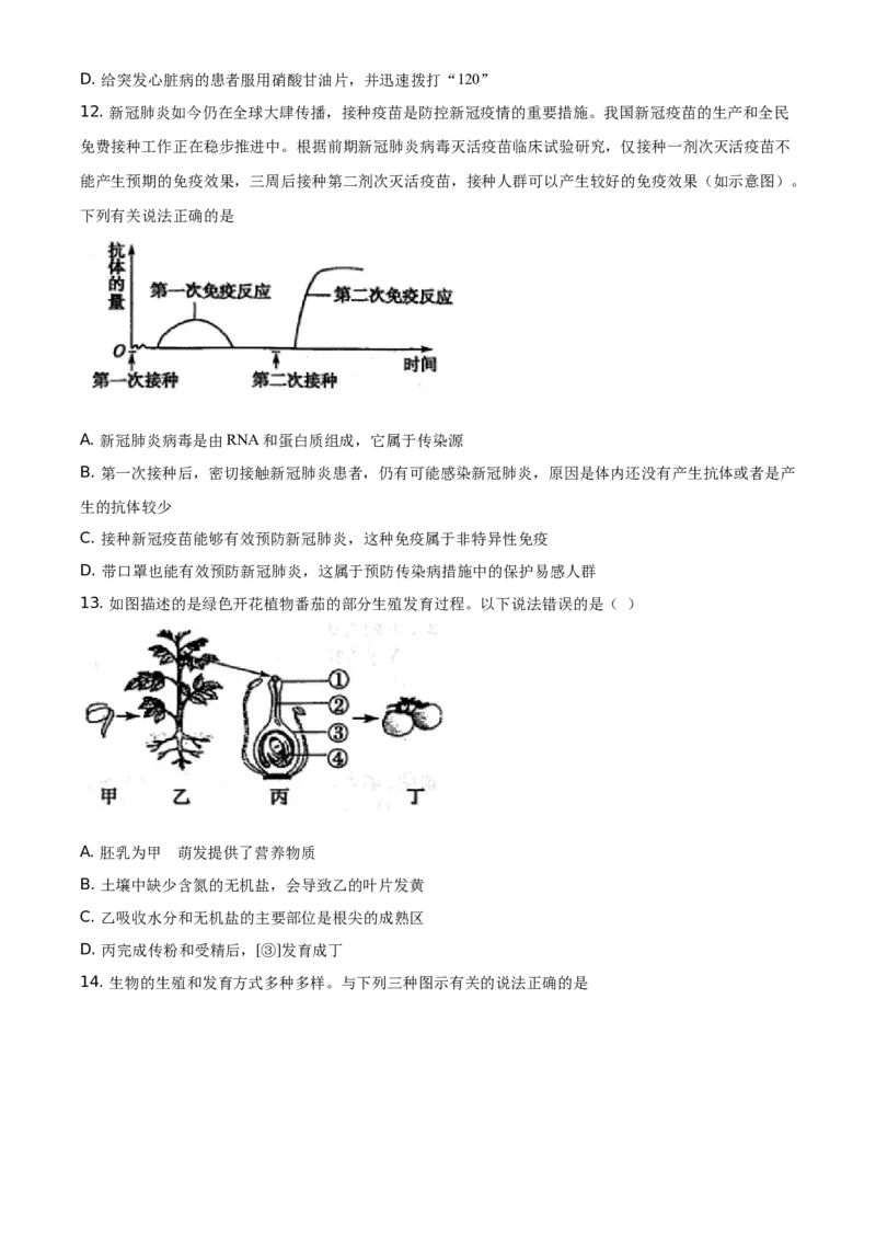 山东省菏泽市2021年中考生物试题（原卷版）_8.生物中考真题2015-2024年_地区卷_山东省_菏泽生物10-22