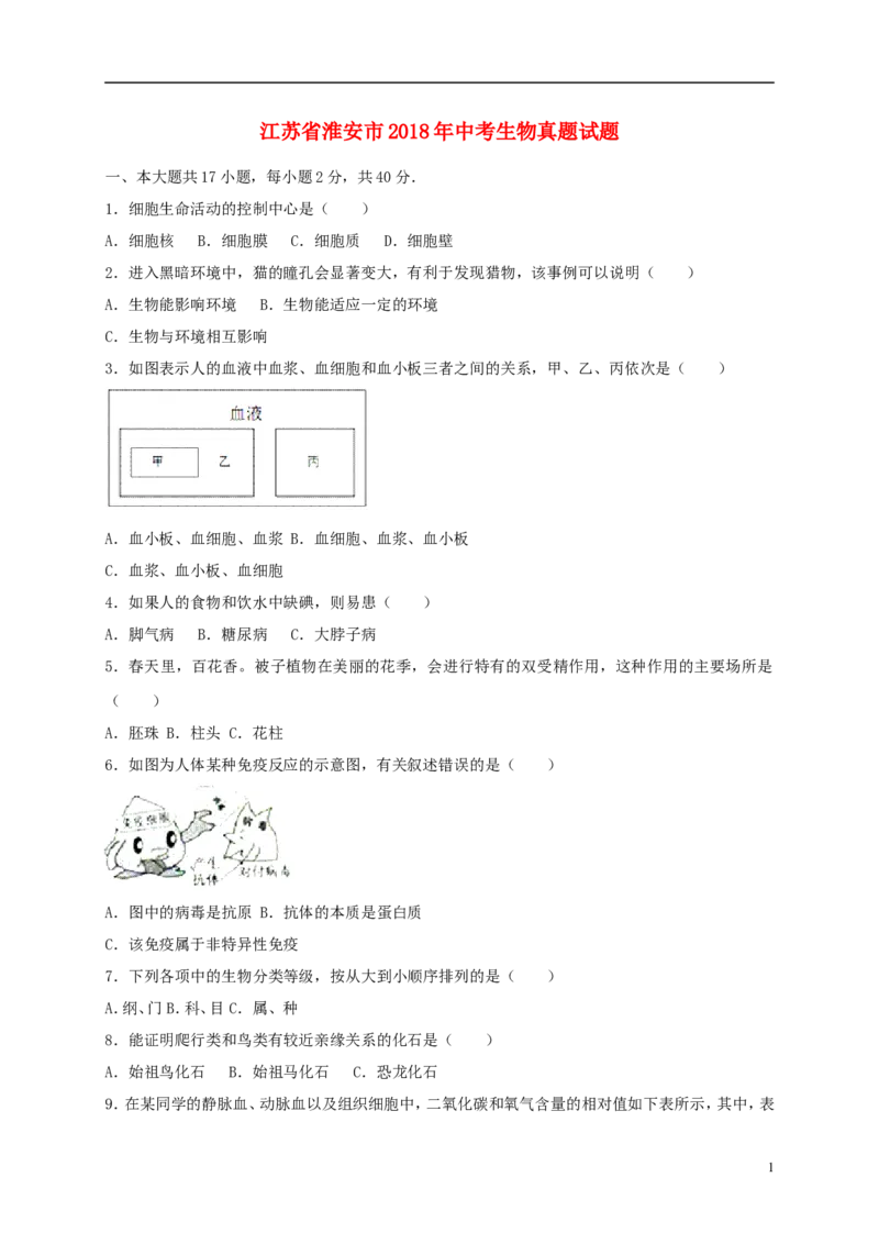 江苏省淮安市2018年中考生物真题试题（含答案）_8.生物中考真题2015-2024年_2018年全国中考生物141份