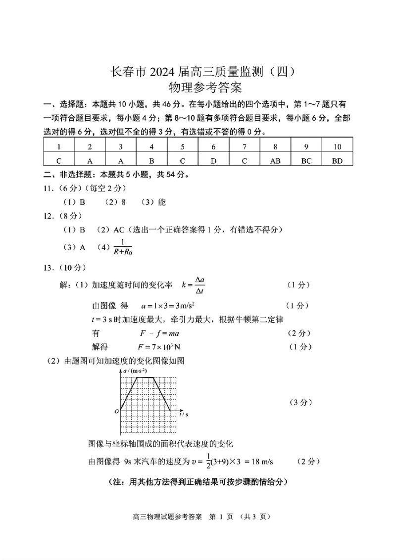 长春四模物理答案_2024年5月_01按日期_12号_2024届吉林省长春市高三下学期四模试题_吉林省长春市2024届高三下学期四模试题物理PDF版含答案