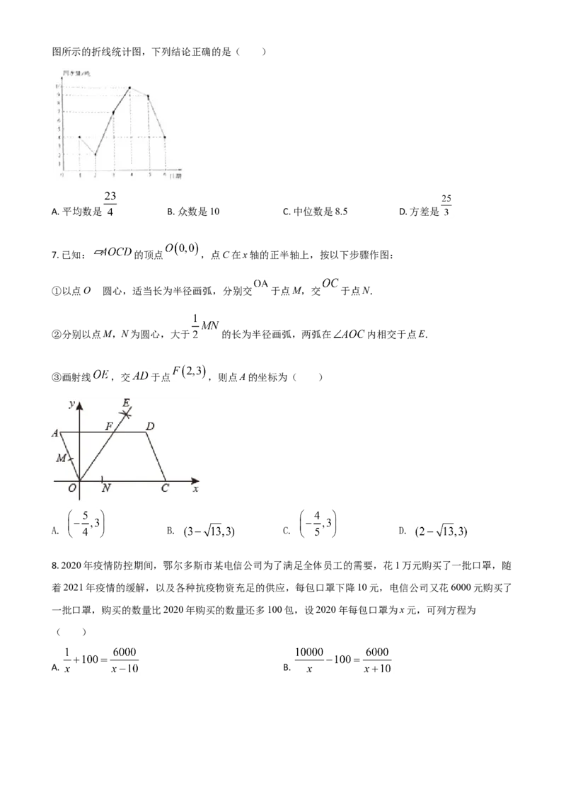 内蒙古鄂尔多斯2021年中考数学试题（原卷版）_中考真题_2.数学中考真题2015-2024年_2021中考数学真题86份_2021内蒙古_鄂尔多斯数学