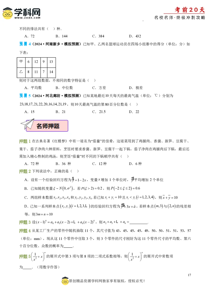 数学（一）-2024年高考考前20天终极冲刺攻略_2024高考押题卷_62024学科网全系列_21学科网高考考前终极攻略_数学-2024年高考考前20天终极冲刺攻略