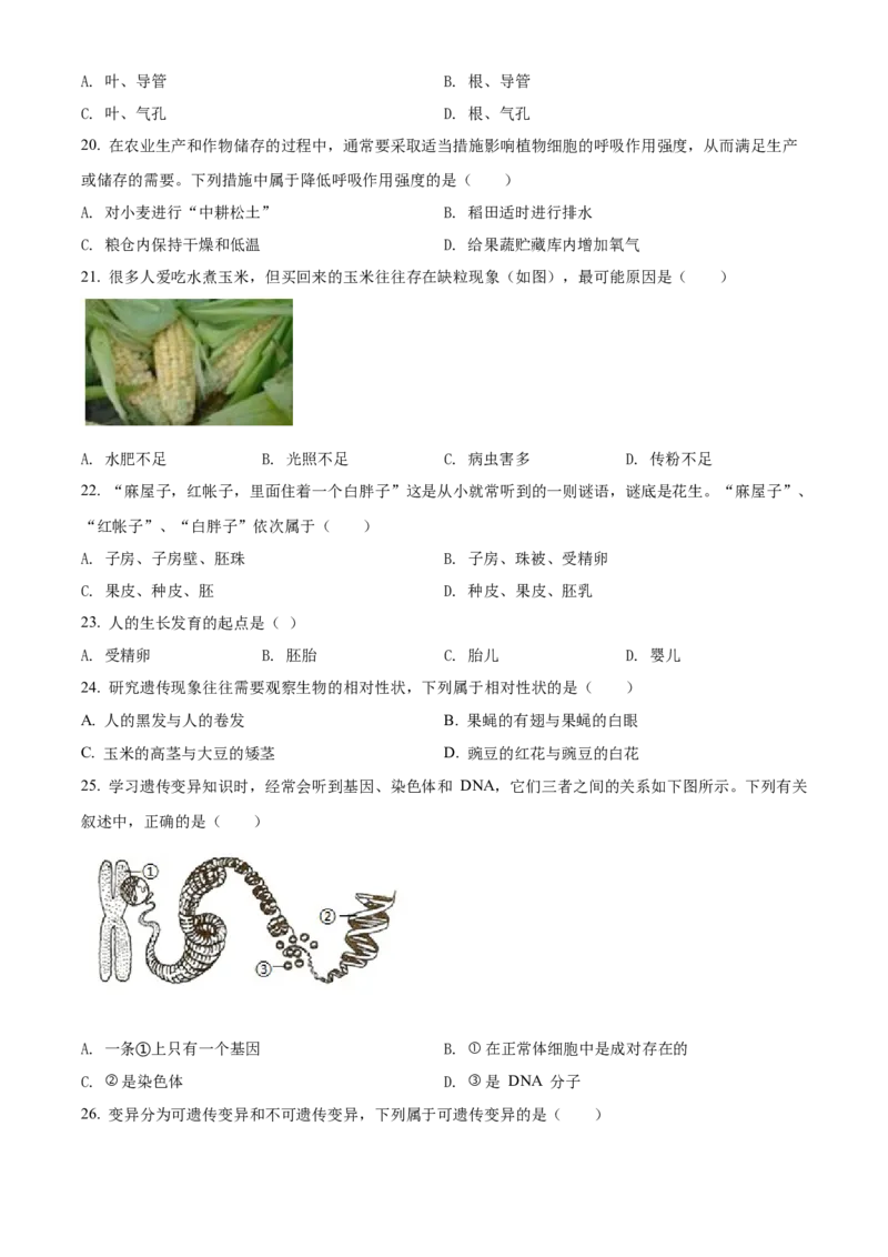 2022年河北省会考生物试题闲鱼号：非凡小翊（原卷版）_河北省历年中考真题_生物历年中考真题