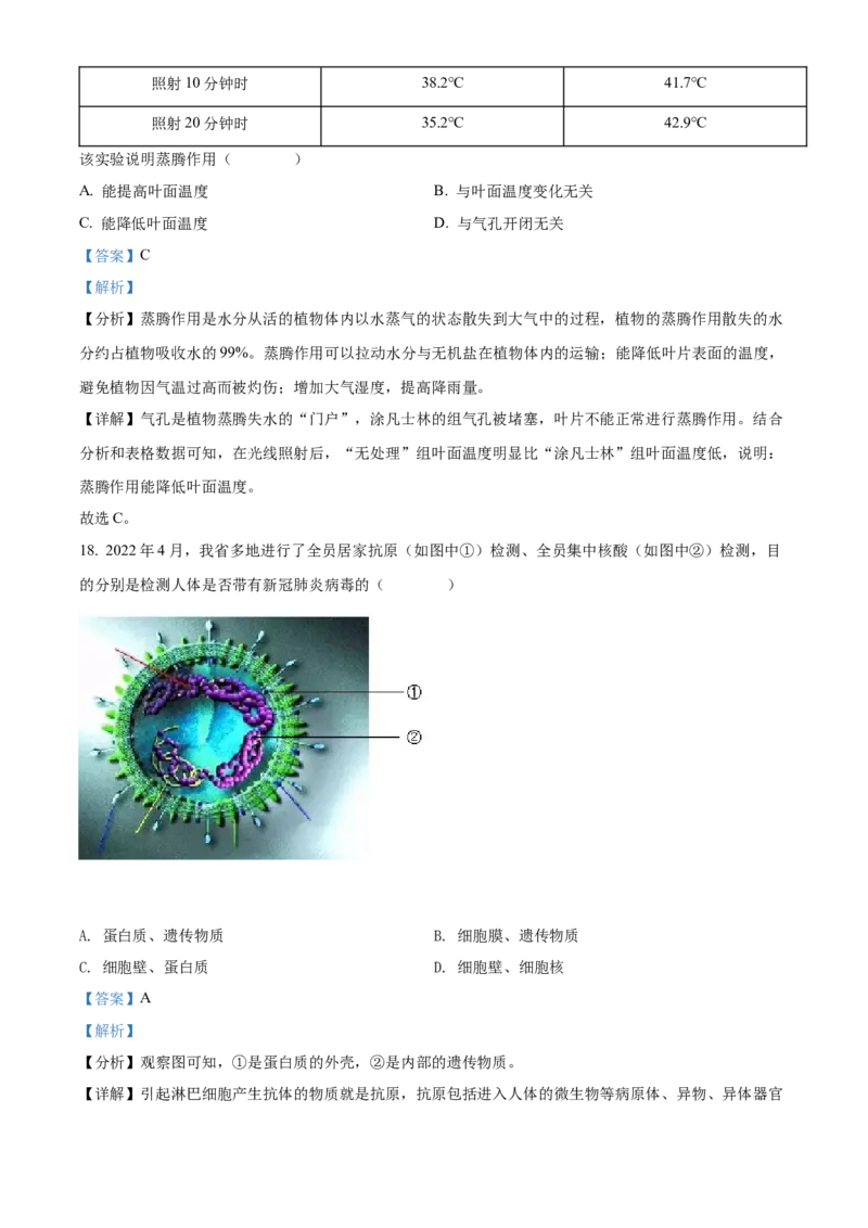 精品解析：2022年山西省晋中市中考生物真题（解析版）_8.生物中考真题2015-2024年_地区卷_山西省