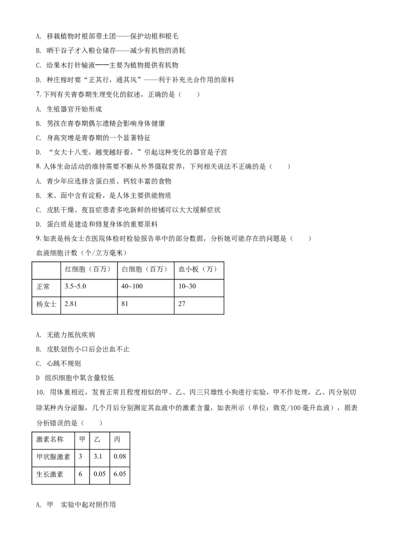 湖南省湘潭市2021年中考生物试题（原卷版）_8.生物中考真题2015-2024年_地区卷_湖南省_湖南湘潭生物18-22