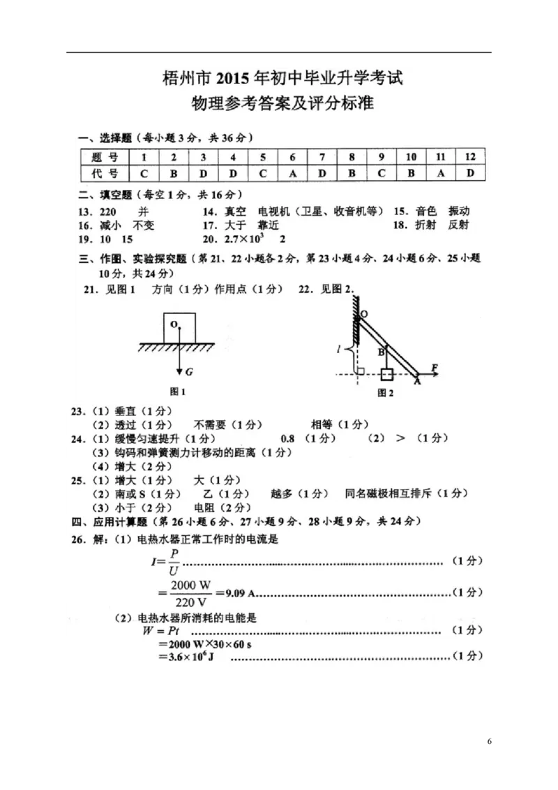 广西梧州市2015年中考物理真题试题（含扫描答案）_中考真题_4.物理中考真题2015-2024年_2015年中考物理真题165份