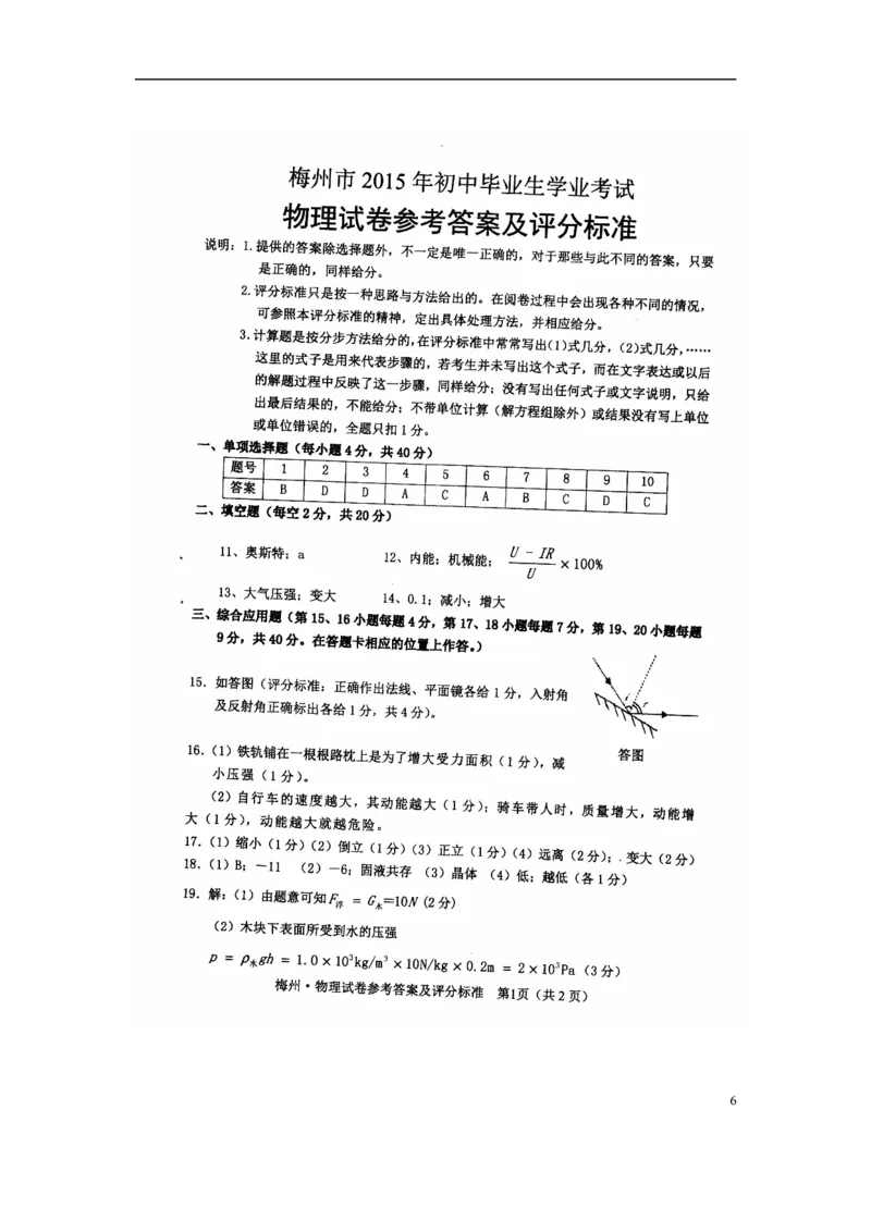 广东省梅州市2015年中考物理真题试题（含扫描答案）(1)_中考真题_4.物理中考真题2015-2024年_2015年中考物理真题165份