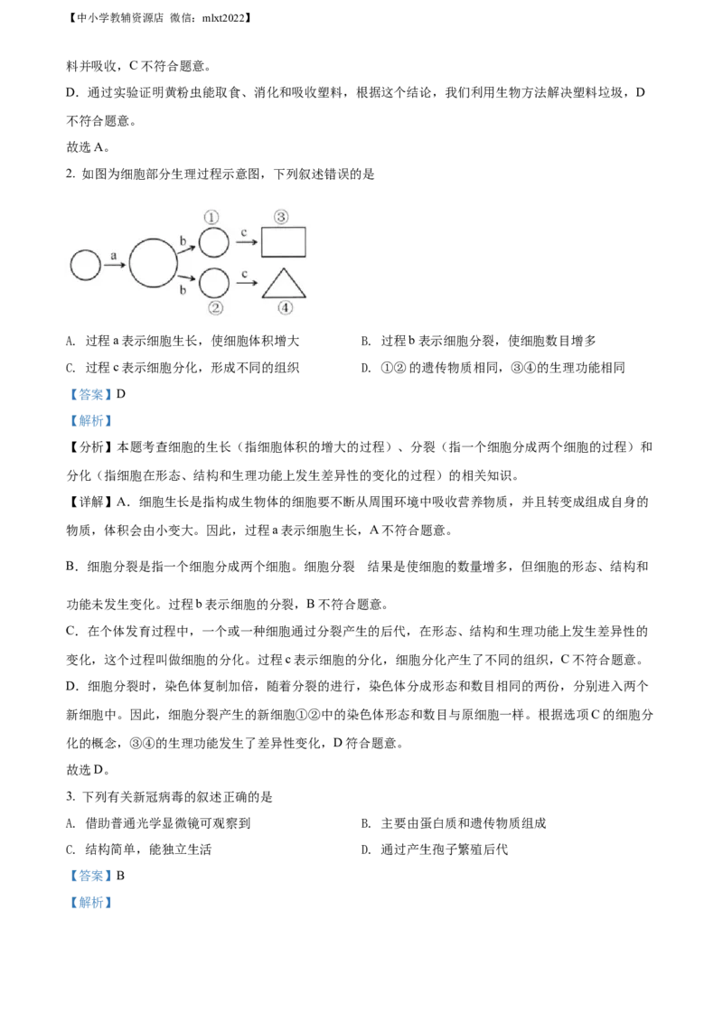 精品解析：2022年山东省济南市中考生物真题（解析版）_8.生物中考真题2015-2024年_2022年全国中考生物114份14