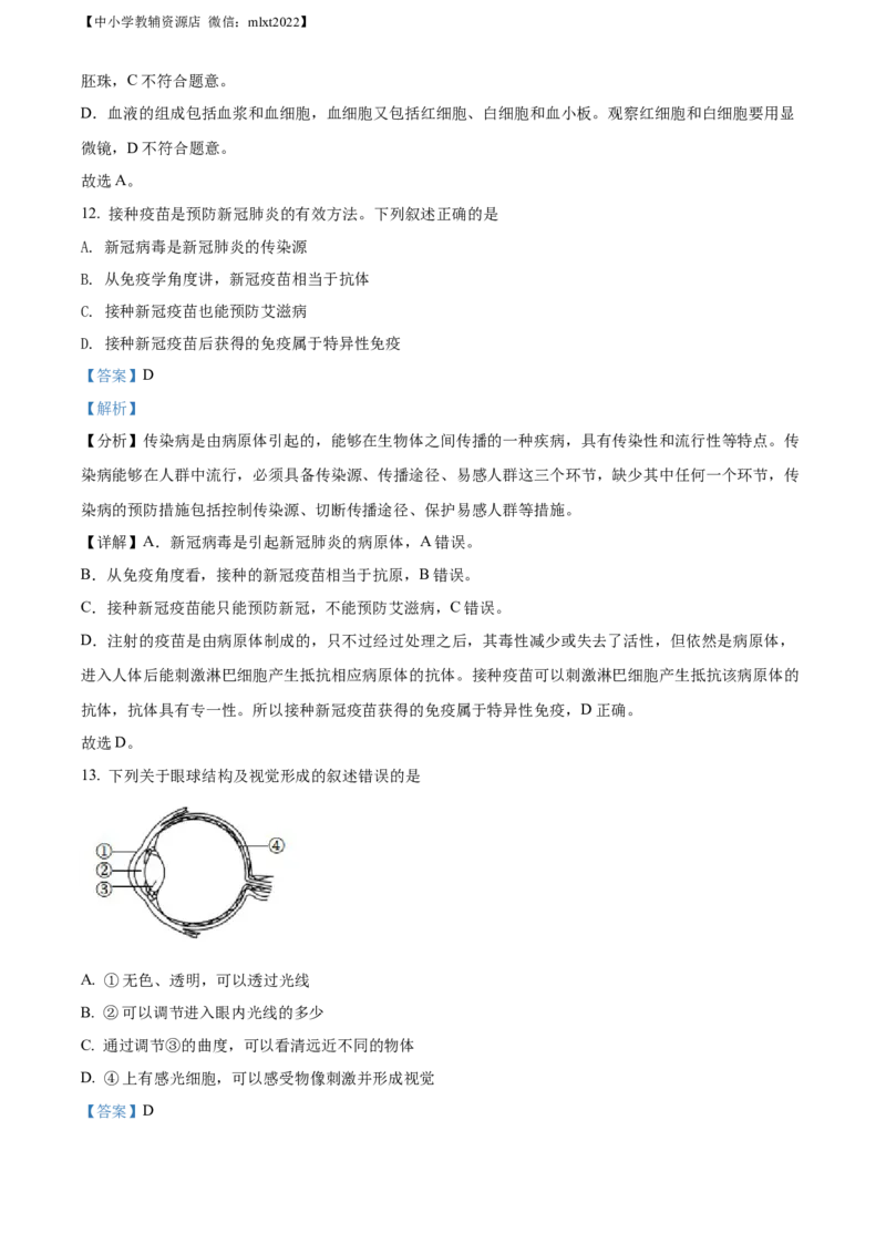 精品解析：2022年山东省济南市中考生物真题（解析版）_8.生物中考真题2015-2024年_2022年全国中考生物114份14