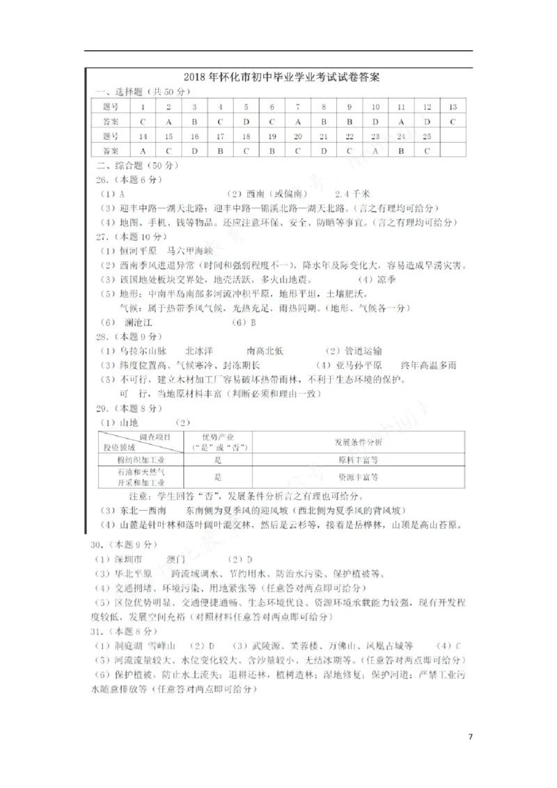 湖南省怀化市2018年中考地理真题试题（扫描版，含答案）_9.地理中考真题2015-2024年_2018年全国中考地理110份