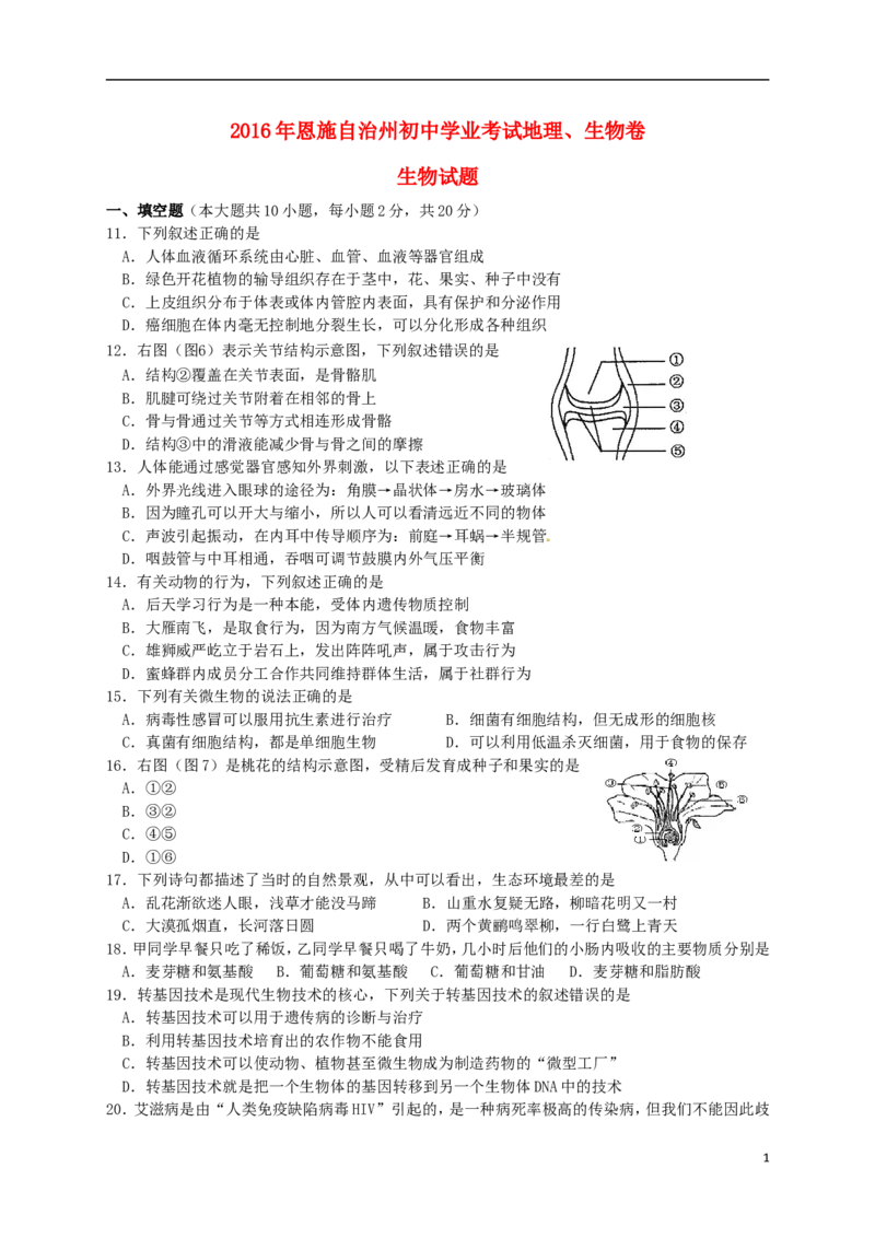 湖北省恩施州2016年中考生物真题试题（含答案）_8.生物中考真题2015-2024年_2016年全国中考生物74份